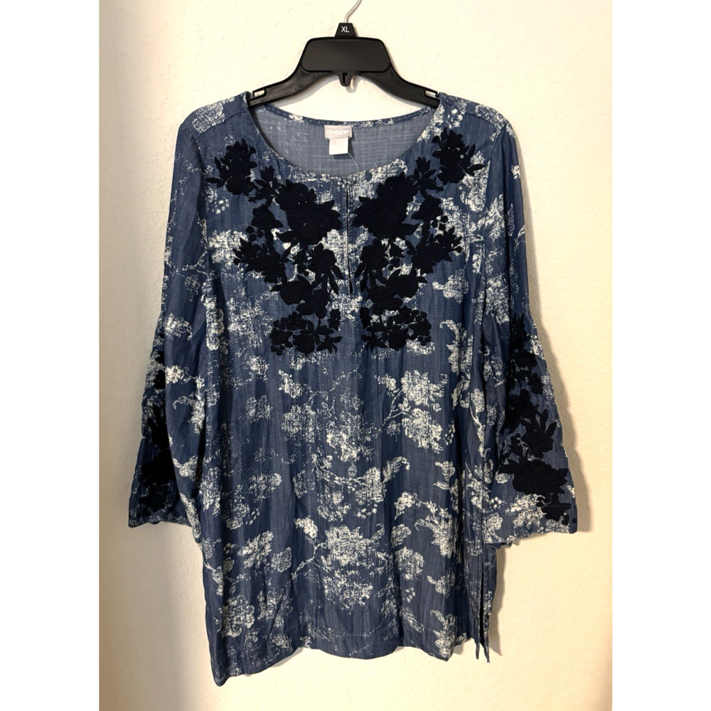 Chico's Chambray Tunic Embroidered Denim Tencel Blue Boho 3/4 Sleeves Sz 2 or L